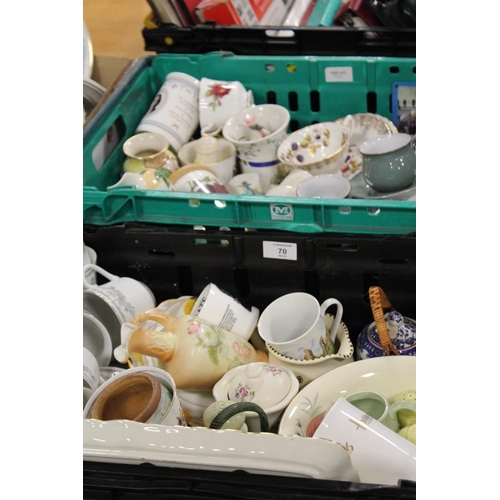 70 - TWO TRAYS OF ASSORTED CERAMICS ETC T INC DENBY COFFEE CUPS AND SAUCERS, ROYAL STAFFORD TEAWARE, PORT... 