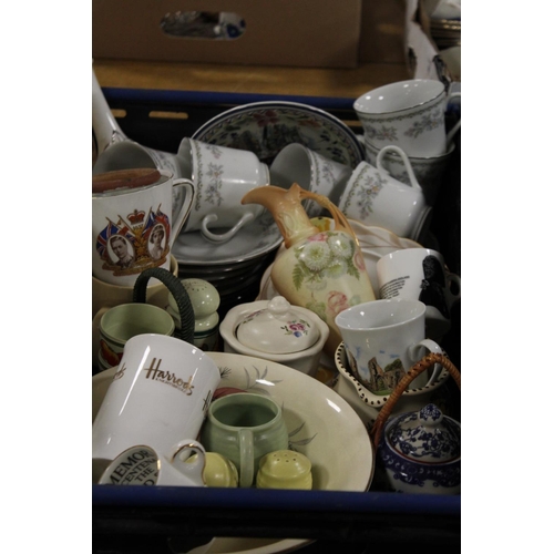 70 - TWO TRAYS OF ASSORTED CERAMICS ETC T INC DENBY COFFEE CUPS AND SAUCERS, ROYAL STAFFORD TEAWARE, PORT... 