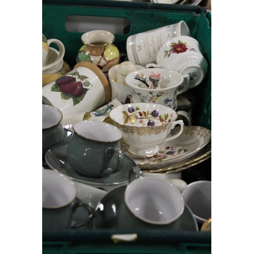 70 - TWO TRAYS OF ASSORTED CERAMICS ETC T INC DENBY COFFEE CUPS AND SAUCERS, ROYAL STAFFORD TEAWARE, PORT... 