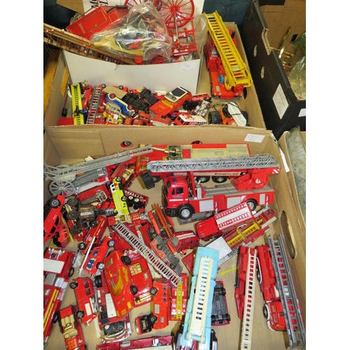 74 - TWO TRAYS OF ASSORTED DIECAST AND OTHER FIRE ENGINES AND VEHICLES TO INC HOTWHEELS, MATCHBOX ETC