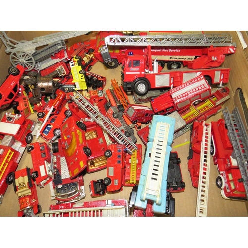 74 - TWO TRAYS OF ASSORTED DIECAST AND OTHER FIRE ENGINES AND VEHICLES TO INC HOTWHEELS, MATCHBOX ETC