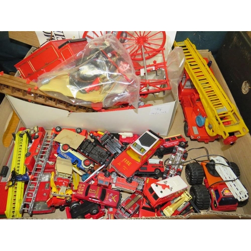 74 - TWO TRAYS OF ASSORTED DIECAST AND OTHER FIRE ENGINES AND VEHICLES TO INC HOTWHEELS, MATCHBOX ETC