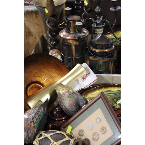 117 - TWO TRAYS OF ASSORTED TREEN AND COLLECTABLES ETC TO INCLUDE CANDELABRA, LANTERN TYPE HOLDERS, GLASS ... 