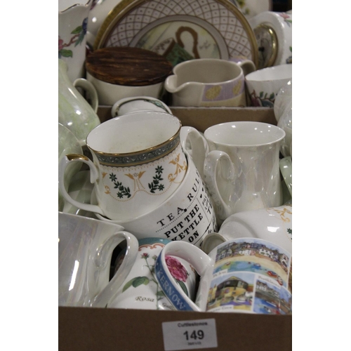 149 - TWO TRAYS OF ASSORTED CERAMICS AND MUGS TO INCLUDE ROYAL WORCESTER, AYNSLEY, MINTON,  ETC