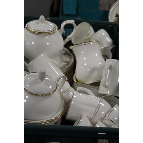 150 - THREE TRAYS OF ASSORTED TEA AND DINNERWARE TO INCLUDE A QUANTITY OF DUCHESS 'ASCOT' PATTERN ITEMS AN... 