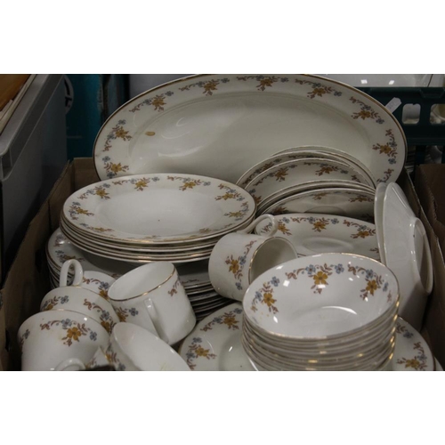 150 - THREE TRAYS OF ASSORTED TEA AND DINNERWARE TO INCLUDE A QUANTITY OF DUCHESS 'ASCOT' PATTERN ITEMS AN... 