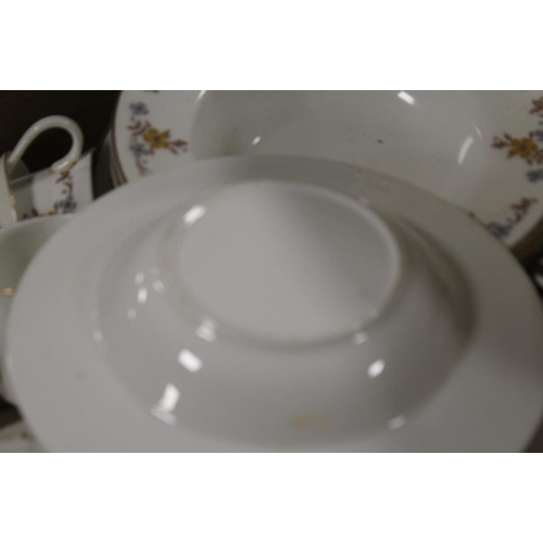 150 - THREE TRAYS OF ASSORTED TEA AND DINNERWARE TO INCLUDE A QUANTITY OF DUCHESS 'ASCOT' PATTERN ITEMS AN... 