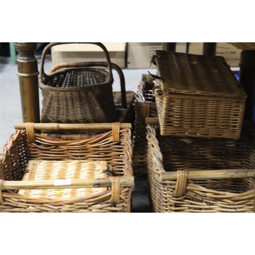 151 - A QUANTITY OF BASKETS. WICKERWARE TO INCLUDE PICNIC BASKETS