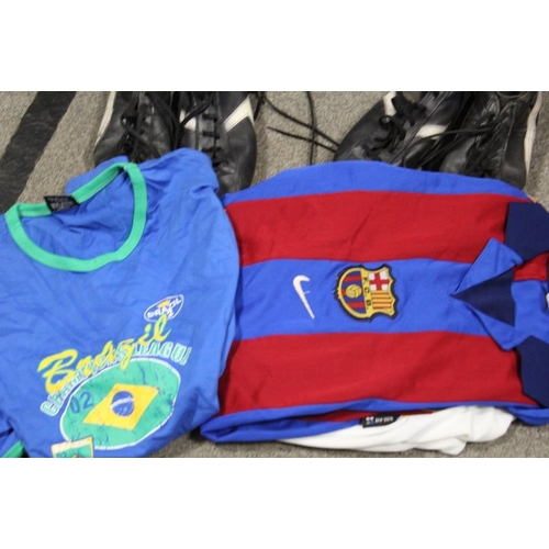 154 - A SELECTION OF VINTAGE FOOTBALL SHIRTS PLUS TWO PAIRS OF VINTAGE FOOTBALL BOOTS