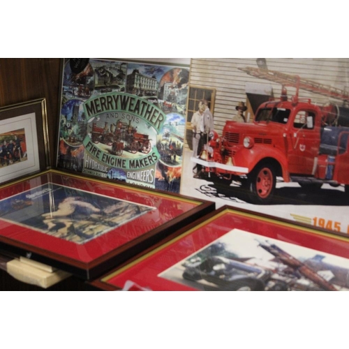 170 - A SELECTION OF FIRE ENGINE SIGNS AND FRAMED PICTURES ETC