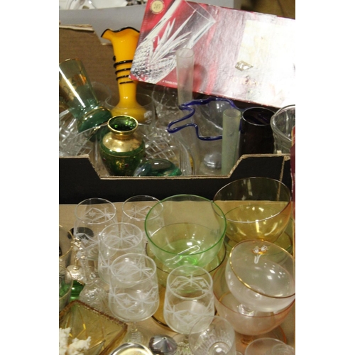 73 - TWO BOXES OF ASSORTED GLASSWARE TO INCLUDE STUDIO GLASS, RETRO EXAMPLES, BOXED DRINKING GLASSES ETC