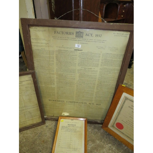 748 - A FRAMED 'FACTORIES ACT' TOGETHER WITH THREE FURTHER FRAMED NOTICES ETC (4)