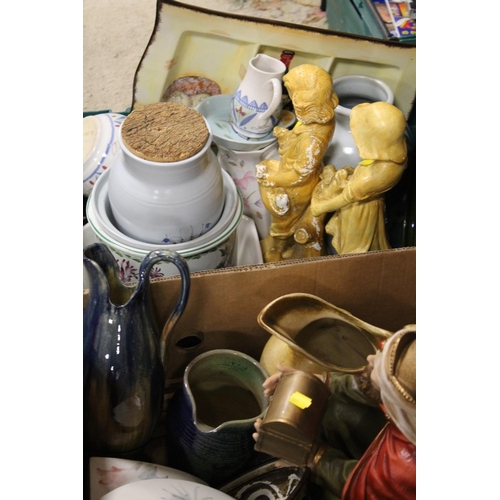 78 - TWO TRAYS OF ASSORTED STONEWARE AND STUDIO POTTERY ETC TO INCLUDE SET OF POTTERY BOOKENDS, PORTMEIRI... 