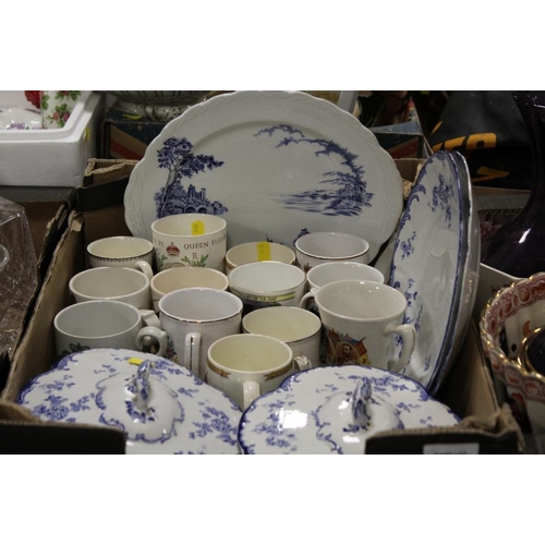 91 - TWO BOXES OF ASSORTED CERAMICS AND GLASSWARE TO INCLUDE PORTMEIRION PURPLE GLASS BOWL AND VASE, ROYA... 