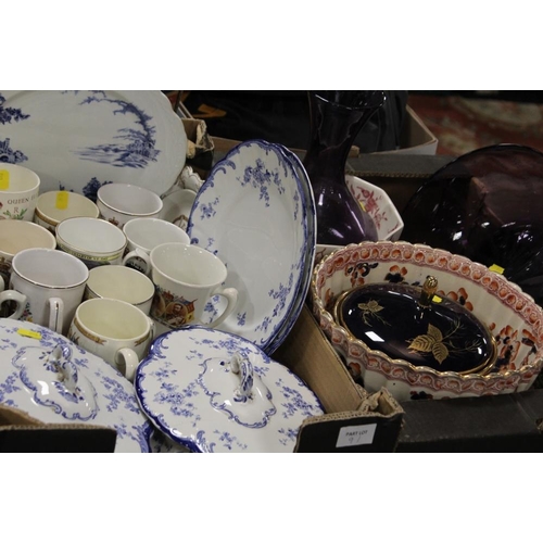 91 - TWO BOXES OF ASSORTED CERAMICS AND GLASSWARE TO INCLUDE PORTMEIRION PURPLE GLASS BOWL AND VASE, ROYA... 