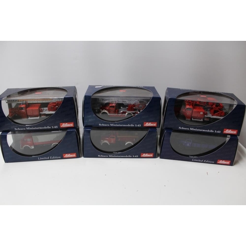 11 - SIX BOXED SCHUCO 1:43 SCALE FIRE ENGINES, 03101, 03071, 03263, 03091, 03053, 03073