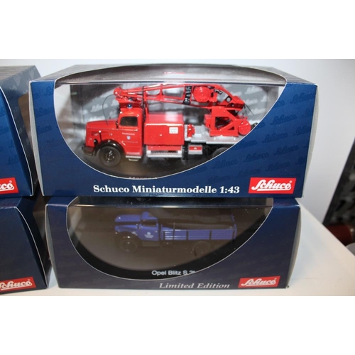 11 - SIX BOXED SCHUCO 1:43 SCALE FIRE ENGINES, 03101, 03071, 03263, 03091, 03053, 03073