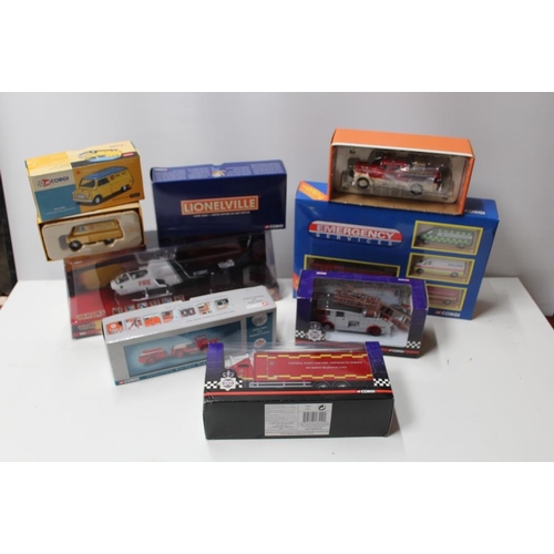 21 - SEVEN BOXED CORGI EMERGENCY SERVICE VEHICLES, to include 60026, CC02601, US51206, 50102, CC13011, UD... 