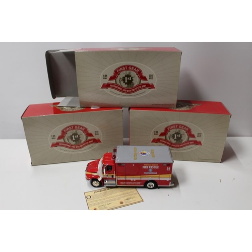 25 - THREE BOXED FIRST GEAR FIRE ENGINES, 193480, 193564, 103478, 1:34 scale