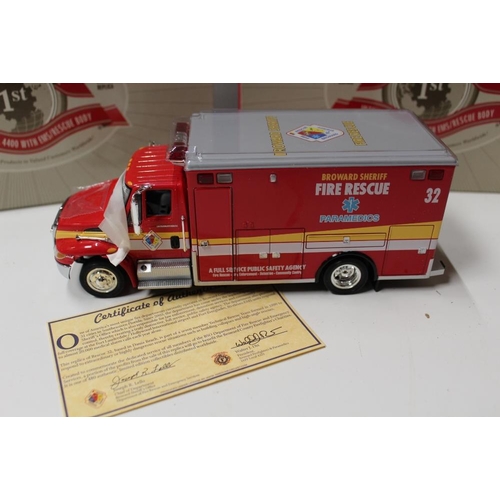 25 - THREE BOXED FIRST GEAR FIRE ENGINES, 193480, 193564, 103478, 1:34 scale