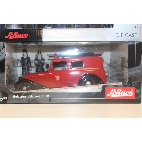 291 - A SCHUCO 1:18 SCALE LIMITED EDITION MECEDES BENZ FIRE VAN, together with Schuco 'ManKatai 6 x 6 THW'... 