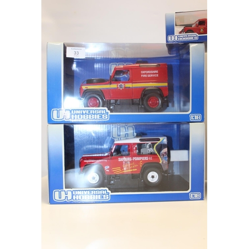 293 - A COLLECTION OF UNIVERSAL HOBBIES DIE CAST LAND ROVER FIRE VEHICLES, mainly 1:18 scale