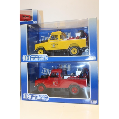 293 - A COLLECTION OF UNIVERSAL HOBBIES DIE CAST LAND ROVER FIRE VEHICLES, mainly 1:18 scale