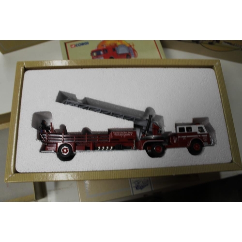 30 - NINE BOXED CORGI FIRE ENGINES, to include an American La France aerial ladder truck x 2, aerial ladd... 