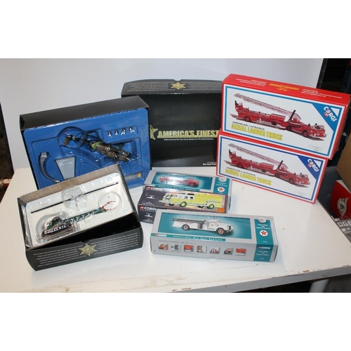 34 - TWO BOXED CORGI AERIAL LADDER TRUCKS, 97320, Corgi Sikorsky Sea Kings helicopter, US33409, New York ... 