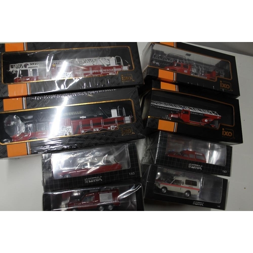 36 - FOUR BOXED IXO FIRE ENGINES, TRF001, TRF013, TRF012, TRF002, together with four boxed Matrix Emergen... 