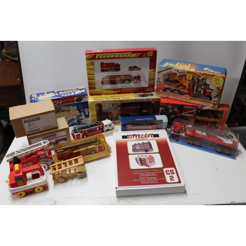 49 - A BOX OF MISCELLANEOUS PLASTIC AND DIE CAST FIRE ENGINES, to include Playart x 2, Promod, etc.