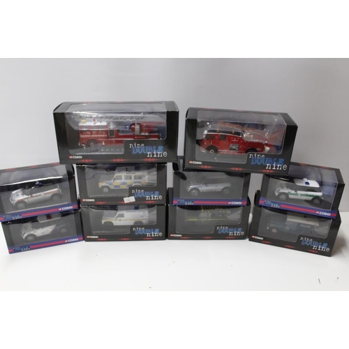 5 - TEN BOXED CORGI NINE DOUBLE NINE EMERGENCY VEHICLES, to include CC13007, CC10307, CC86519, CC86516, ... 