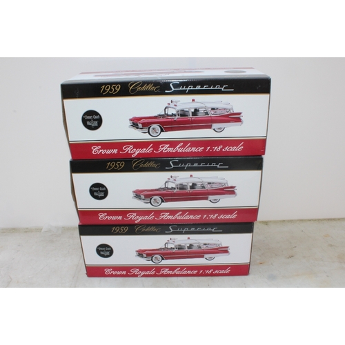 274 - PRECISION MINIATURES - three 1959 boxed Cadillac superior crown royale ambulance, 1:18 scale models ... 