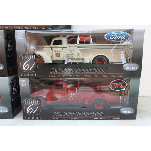 275 - HIGHWAY 61 COLLECTABLES - FIVE BOXED 1941 PUMPER FIRETRUCK DIE CAST MODELS, 1: 16 scale, various col... 