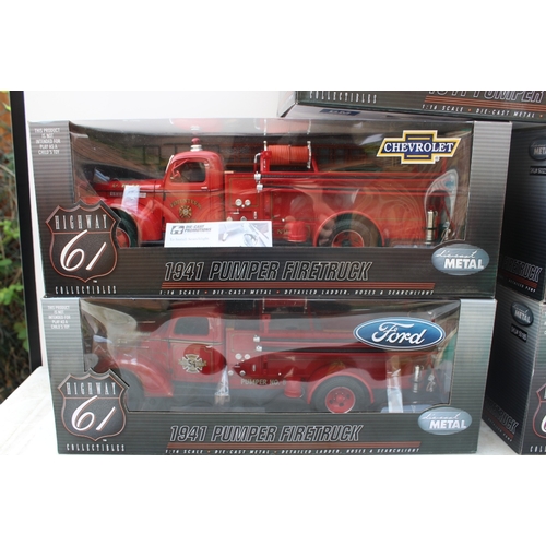 275 - HIGHWAY 61 COLLECTABLES - FIVE BOXED 1941 PUMPER FIRETRUCK DIE CAST MODELS, 1: 16 scale, various col... 