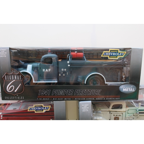 275 - HIGHWAY 61 COLLECTABLES - FIVE BOXED 1941 PUMPER FIRETRUCK DIE CAST MODELS, 1: 16 scale, various col... 