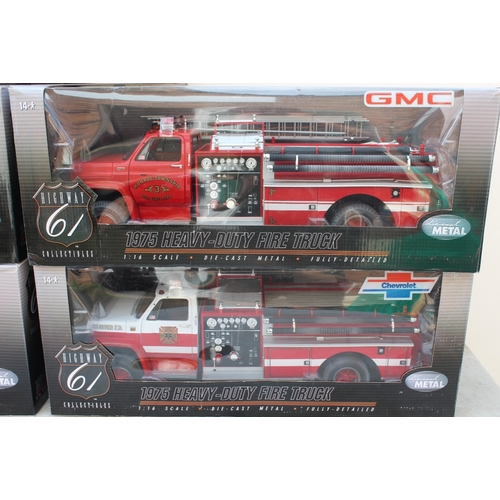 276 - HIGHWAY 61 COLLECTIBLES - FOUR BOXED HEAVY DUTY FIRE TRUCKS, 1:16 die cast models, together with a 1... 