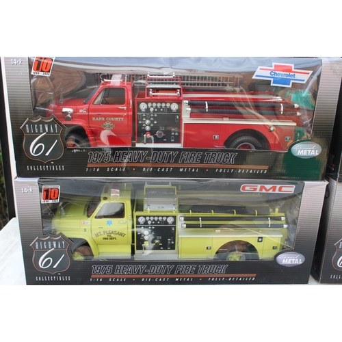 276 - HIGHWAY 61 COLLECTIBLES - FOUR BOXED HEAVY DUTY FIRE TRUCKS, 1:16 die cast models, together with a 1... 