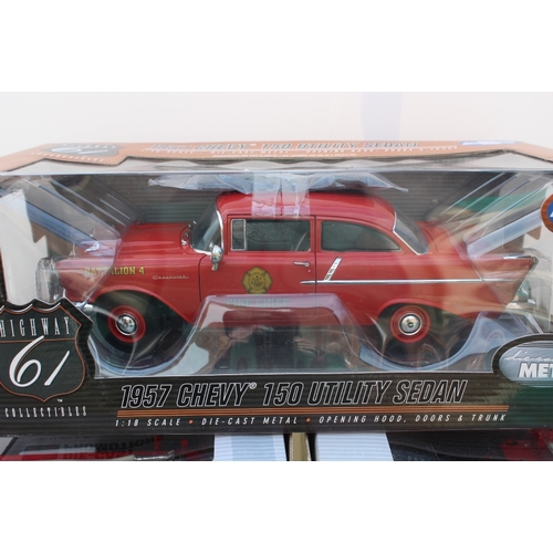 276 - HIGHWAY 61 COLLECTIBLES - FOUR BOXED HEAVY DUTY FIRE TRUCKS, 1:16 die cast models, together with a 1... 