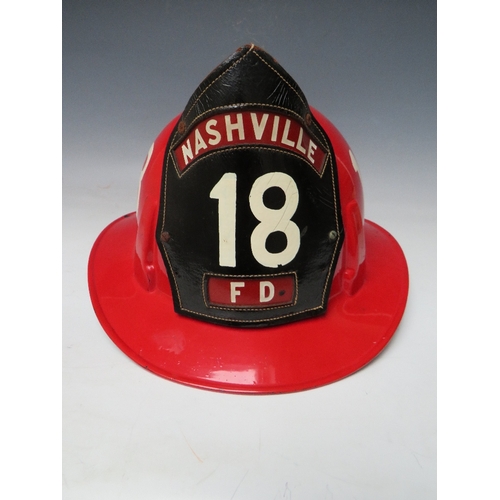 298 - A RED PLASTIC US NASHVILLE FIRE DEPARTMENT TOPGARD HELMET BY MSA, with hand painted number 18 on sid... 