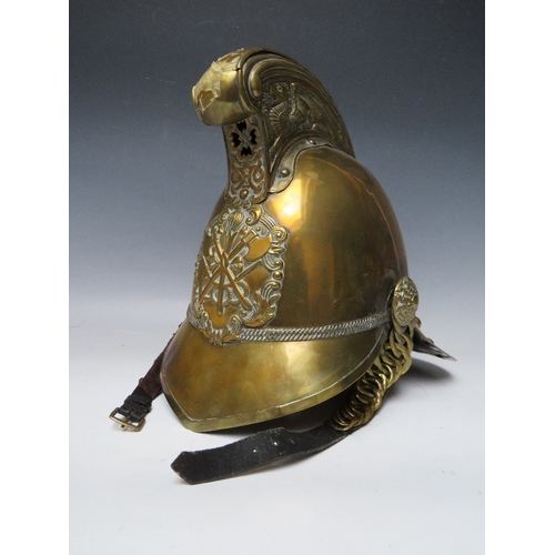 299 - A 19TH CENTURY MERRYWEATHER BRASS FIREMANS HELMET, standard issue with chin strap