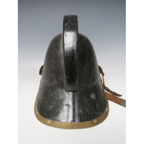 300 - A VICTORIAN MERRYWEATHER LEATHER FIREMANS HELMET, with brass banding and head badge