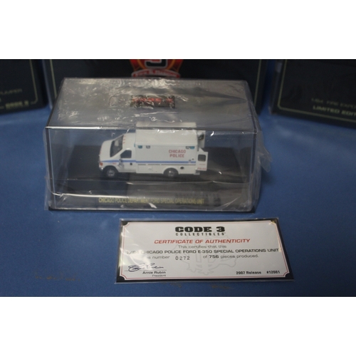 57 - SIX BOXED CODE 3 COLLECTABLES EMERGENCY SERVICES VEHICLES, all 1:64 scale