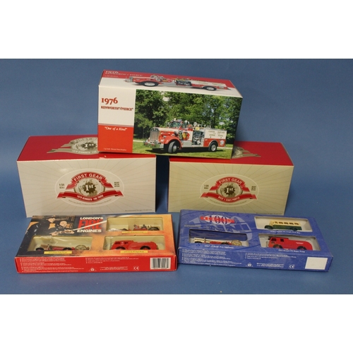 64 - THREE BOXED FIRST GEAR MODELS FIRETRUCKS, 193518, 183495 and 103612, together with two fire related ... 