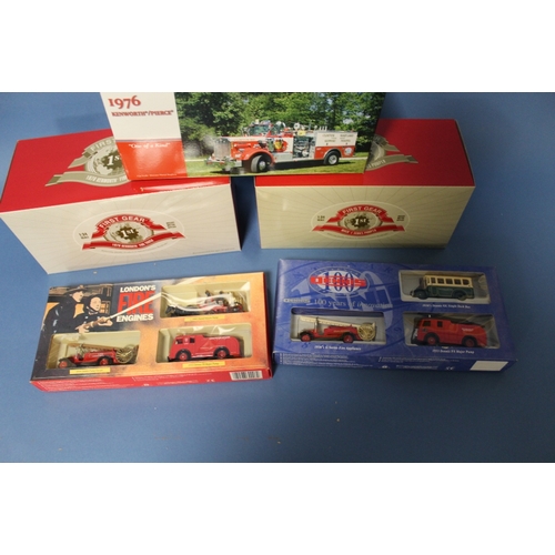 64 - THREE BOXED FIRST GEAR MODELS FIRETRUCKS, 193518, 183495 and 103612, together with two fire related ... 