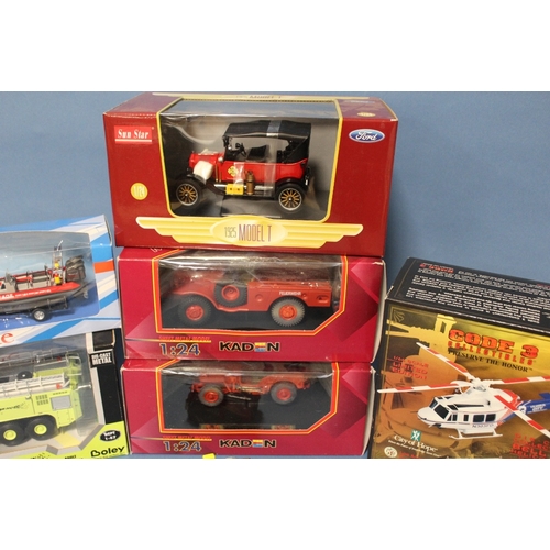 87 - A BOXED SUN STAR MODEL T FIRE CHIEF 1:24 SCALE, a pair of boxed Kaden 1:24 scale vehicles, boxed Osh... 