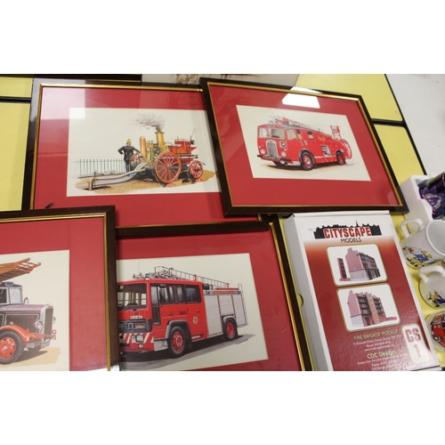 88 - SIX FRAMED FIRE RELATED PICTURES, together with five fire related china mugs and a boxed Cityscape M... 