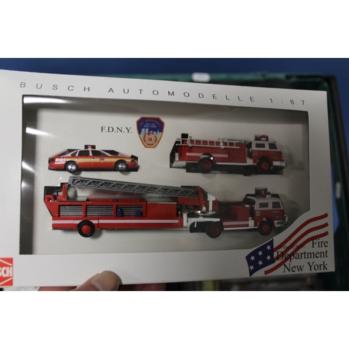 107 - THIRTY THREE BOXED PREISER MODEL KITS AND MODEL FIRE ENGINES, together with thirty two boxed Busch f... 