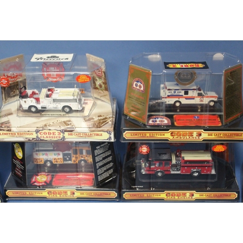 124 - EIGHT BOXED CODE 3 COLLECTABLE EMERGENCY SERVICE VEHICLES, all limited edition, to include FDNY F350... 