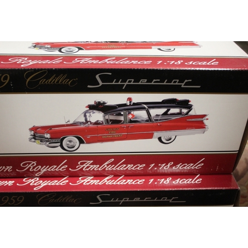 115 - A PAIR OF BOXED PRECISION MINIATURES 1:18 SCALE 1959 CHICAGO FIRE DEPARTMENT CROWN ROYAL AMBULANCES